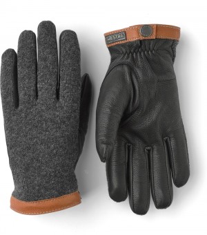 Men's Hestra Deerskin Wool Tricot Leather Gloves Charcoal/Black | VGMPSK346