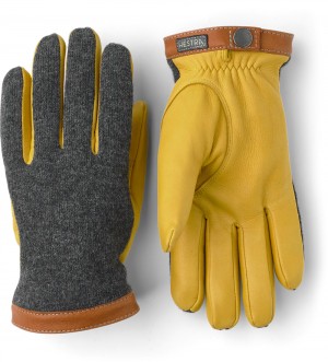 Men's Hestra Deerskin Wool Tricot Leather Gloves Charcoal/Yellow | LTFOJR276