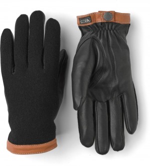 Men's Hestra Deerskin Wool Tricot Leather Gloves Black | AHNRID028