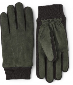 Men's Hestra Geoffrey Leather Gloves Dark Olive | FLQYJW984