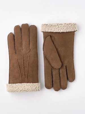 Men's Hestra Lambskin Suede Handsewn Suede Leather Gloves Brown | DFYPJX709