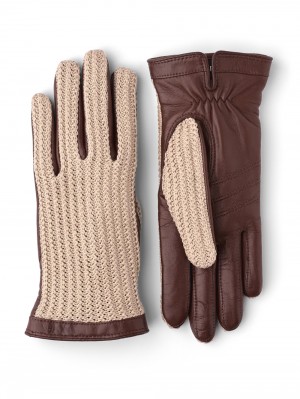 Women's Hestra Anna Leather Gloves Chestnut/Beige | RZKFOS316