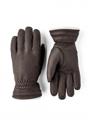 Women's Hestra Buvika Deerskin Leather Gloves Dark Brown | FWJXHR941