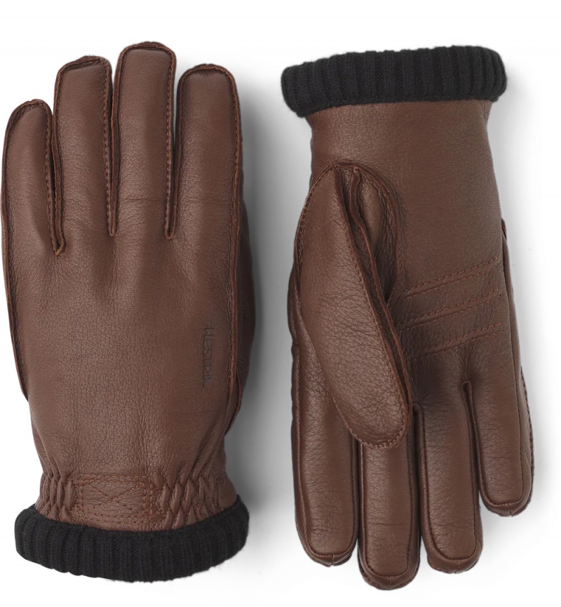 Men\'s Hestra Deerskin Primaloft Rib Leather Gloves Chocolate | BAFXEO506