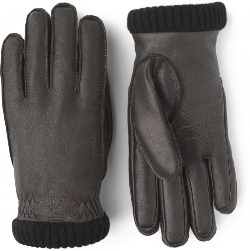 Men\'s Hestra Deerskin Primaloft Rib Leather Gloves Dark Brown | TBCIDG378