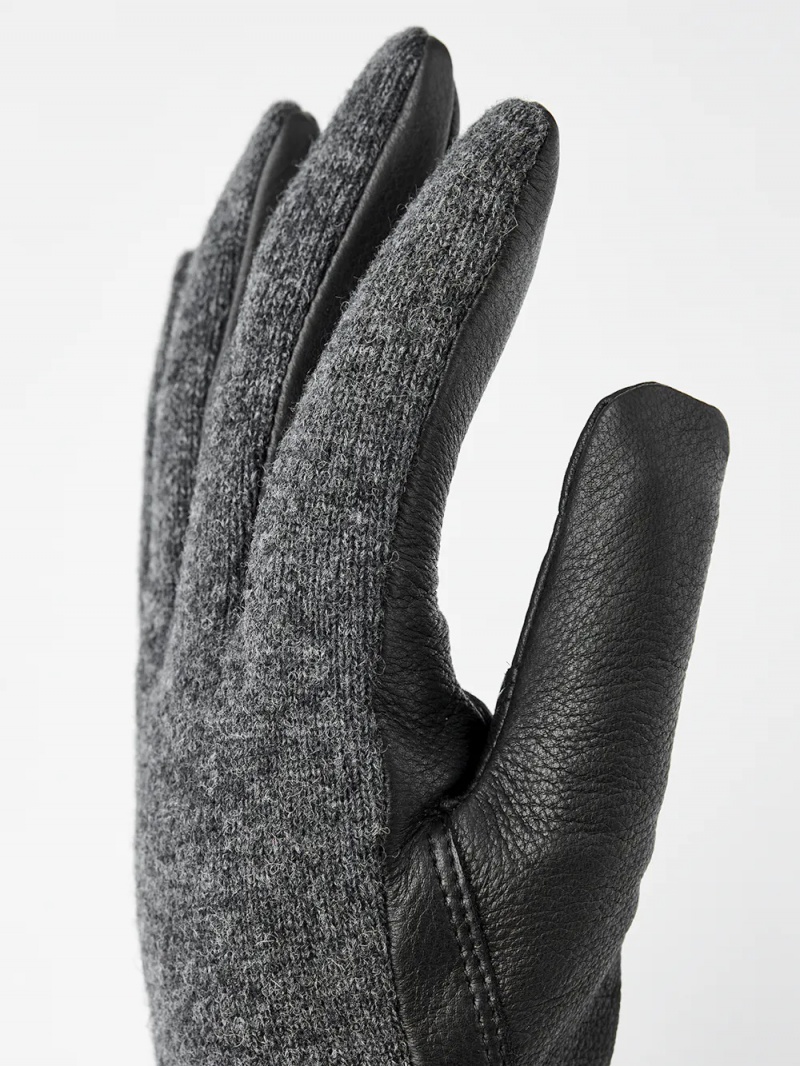 Men's Hestra Deerskin Wool Tricot Leather Gloves Charcoal/Black | VGMPSK346