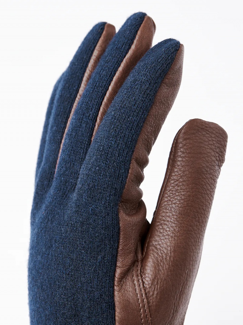 Men's Hestra Deerskin Wool Tricot Leather Gloves Navy/Chocolate | NUXAKP608