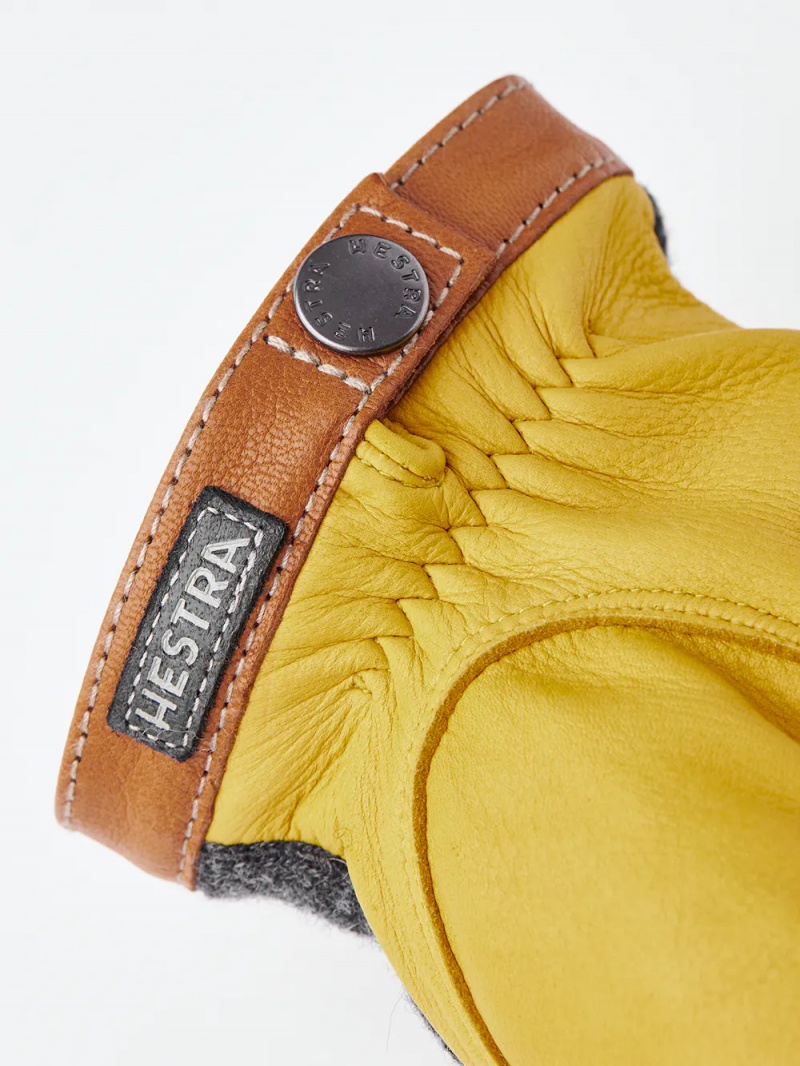 Men's Hestra Deerskin Wool Tricot Leather Gloves Charcoal/Yellow | LTFOJR276