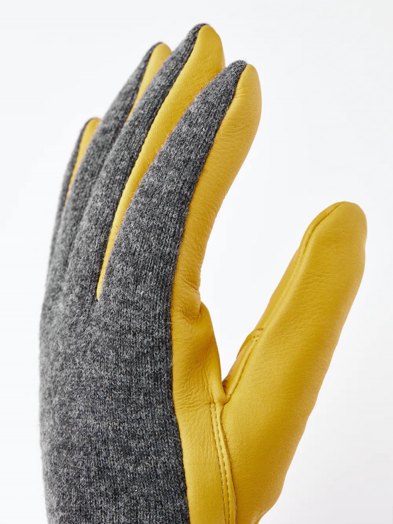 Men's Hestra Deerskin Wool Tricot Leather Gloves Charcoal/Yellow | LTFOJR276