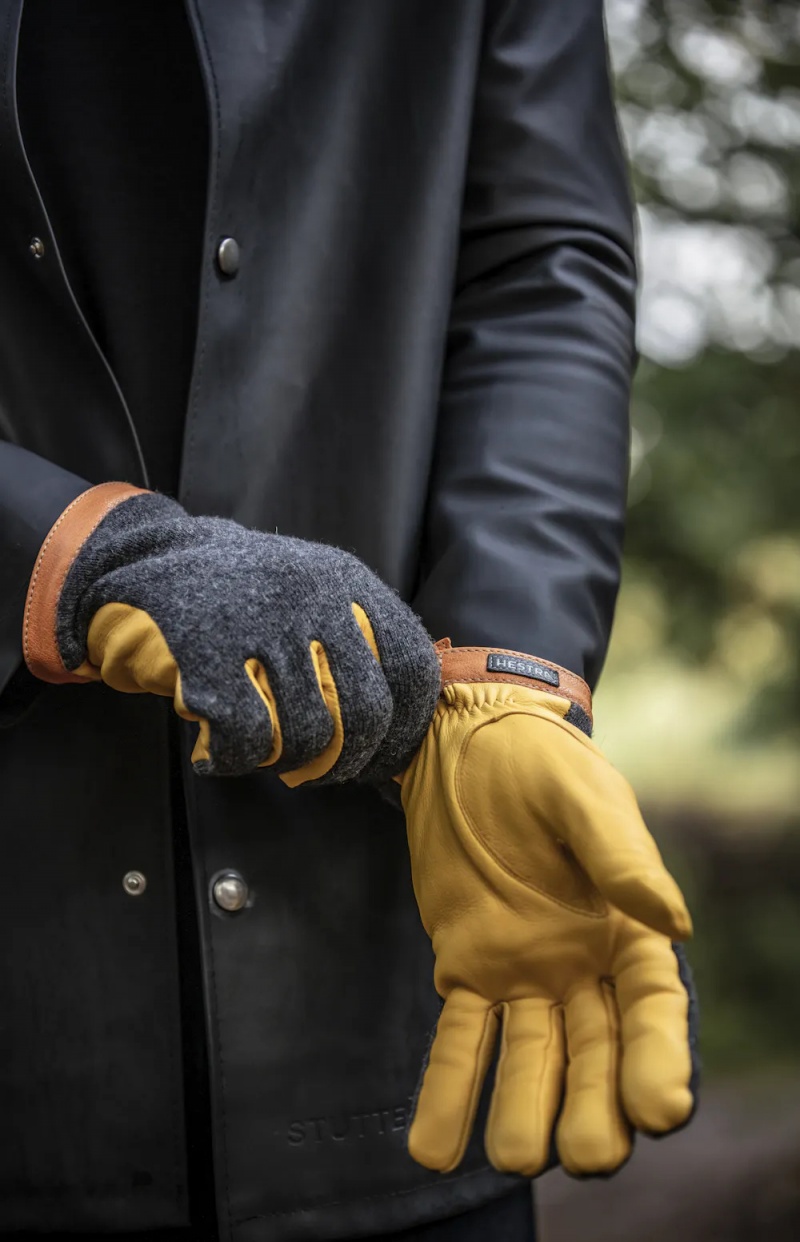 Men's Hestra Deerskin Wool Tricot Leather Gloves Charcoal/Yellow | LTFOJR276