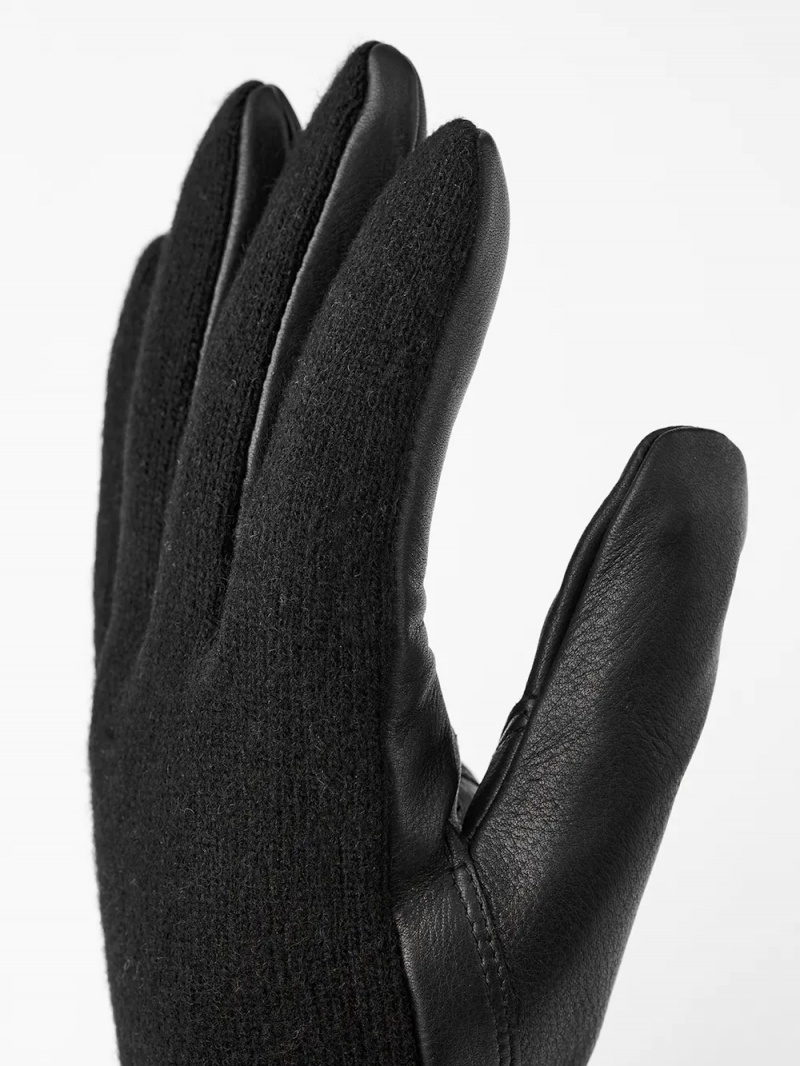 Men's Hestra Deerskin Wool Tricot Leather Gloves Black | AHNRID028