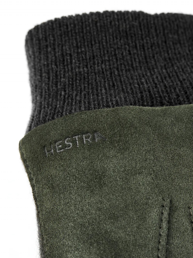 Men's Hestra Geoffrey Suede Leather Gloves Dark Olive | PJHAGL396