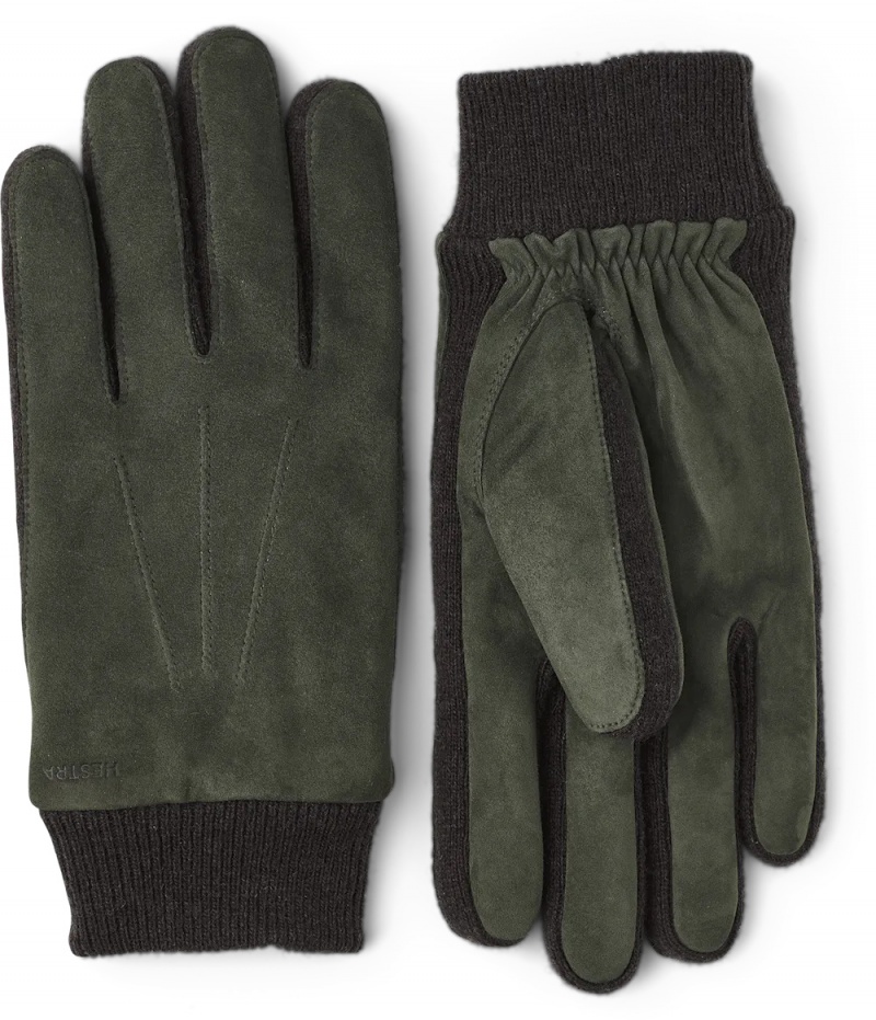 Men\'s Hestra Geoffrey Suede Leather Gloves Dark Olive | PJHAGL396