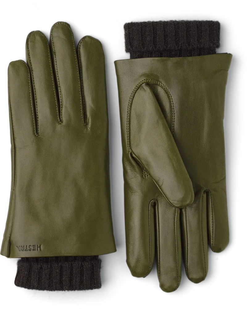 Women\'s Hestra Megan Leather Gloves Loden | VBQHZF183